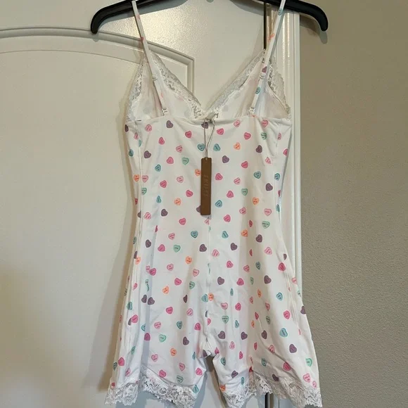 SKIMS Heart Print Lace Trim Romper Onesie